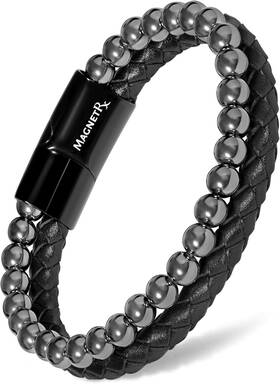 Frl542-s Magnetrx Hematite And Leather Magnetic Bracelet Max Strength Natural Stones Beaded