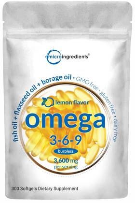 Lokg-107 Micro Ingredients Ultra Omega 3-6-9 3600mg Perserv 300 Burpless Softgels Lemon Flavor Blend