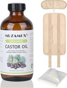 Muzamox 445040821810 Castor Oil Pack Wrap And 8fl.oz Glass Bottle Set Organic Cold-pressed Unrefined C