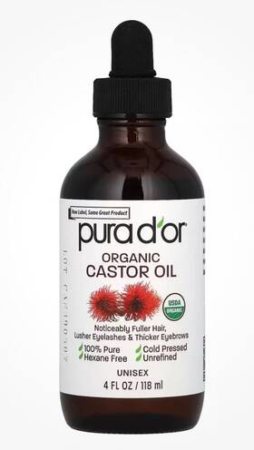 Pura D Or 851615006570 Organic Cold Pressed Castor Oil Thicker Eyebrows Fuller Eyelashes 4oz