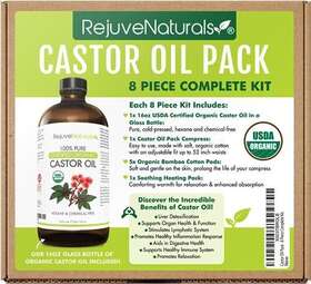 Rejuvenaturals 851470008672 Castor Oil Pack For Liver Detox - 8 Piece Complete Kit. Includes 16oz Glass B