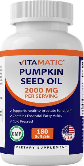 Vitamatic 810078476016 Pumpkin Seed Oil 2000mg 180 Softgels 1000mg Per Softgel