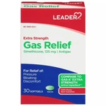 Leader Gas Relief Simethicone 125MG Extra Strength Softgels 30 Count. Fixed Price $6.99.