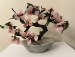 Vtg Asian Jade Glass Flowering Pink Cherry Blossom Bonsai Tree Ceramic Pot 8X9. Fixed Price $29.75.