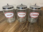 3 Vintage Medical Jars By Profex Cotton, Guaze & Tongue Depressor Labels. Fixed Price $89.00.