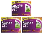 Pack 3 Allegra 24-HOUR Indoor And Outdoor Allergy Relief 180 Mg 70 Tablets 04/26. Fixed Price $20.99.