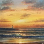 Oil Painting 20X24" Ocean Waves With Lighthouse Bright Sunset. Fixed Price $199.00.
