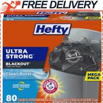 Hefty Ultra Strong Tall Kitchen Trash Bags, Blackout, Clean Burst, 13 Gal, 80 Ct. Fixed Price $18.76.