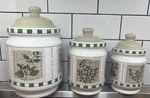 3 Ceramic Kitchen Storage Canisters Savory Thyme Herbal Design Jar Beige Green. Fixed Price $22.00.