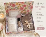 Self Care Gift Basket With Bath Salt, Essential Oil, Bomb, Cozy Socks. Fixed Price $35.00.