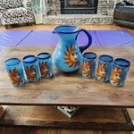Celestial Sun Moon Large Pitcher With 6 Cups Aqua Blue Hand Painted Mexico. Fixed Price $99.95.