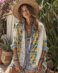 Pol Chambray Collared Button Up Shirt With Floral And Open Weave Lace Inserts. Fixed Price $25.00.