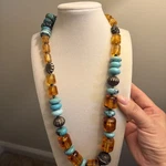 Antique Natural Amber And Turquoise Massive Necklace 30 Inches Sterling Silver. Fixed Price $200.00.