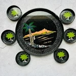 Aloha Hawaii Wood And Lucite Palm Tree Tray Coaster Set Lot Of 7 Japan. Fixed Price $19.95.