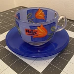 6 Luminarc Matys France Blue Glass Coffee Cups Saucers Orange Tulip Mugs Set. Fixed Price $149.95.