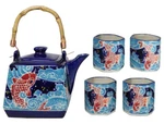 Auspicious Red Koi Fishes In Blue Waters Hexagonal Teapot With 4 Cups Set. Fixed Price $41.99.